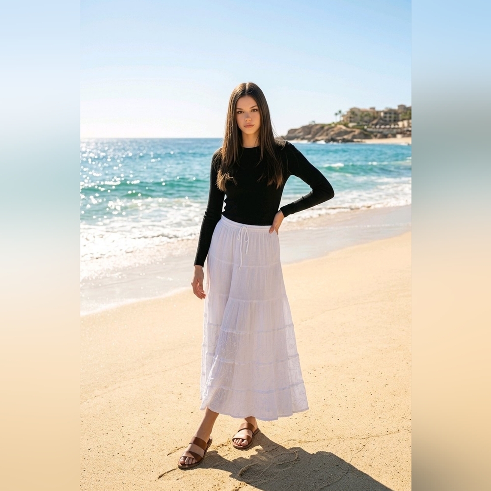 Sand N Sun Women’s Small White Tiered Midi Skirt Lightweight Cotton Boho Style - Picture 3 of 15